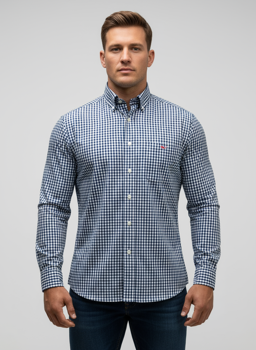 Camisa Gingham Azul Marino con Modelo Atlético