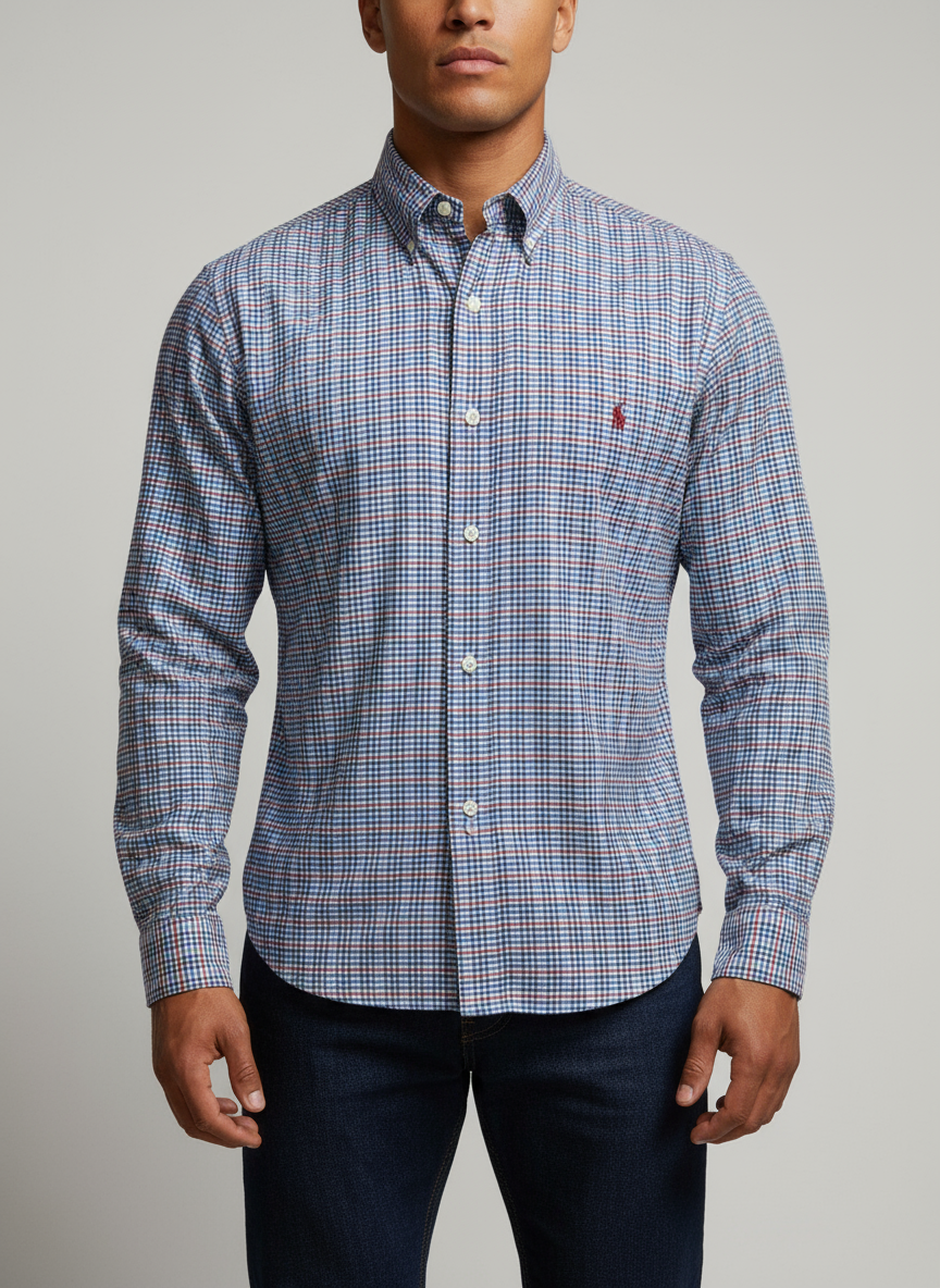 Camisa Gingham Azul Rojo con Modelo Atlético Talla M