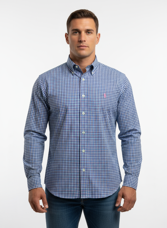Camisa Gingham Azul Rosa con Modelo Atlético Talla M