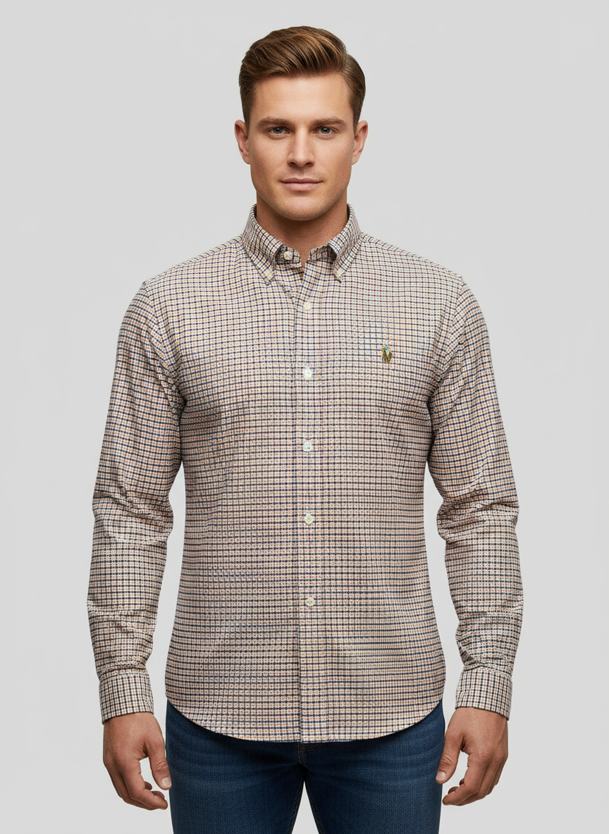 Camisa Gingham Naranja Azul con Modelo Atlético Talla M