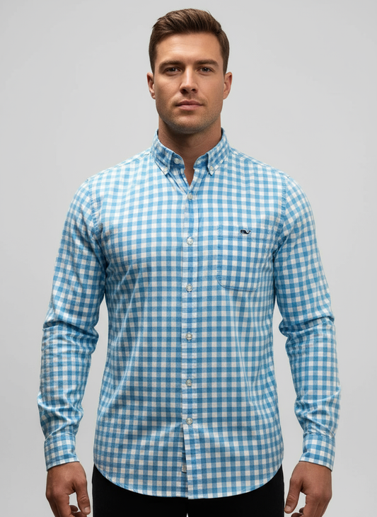 Camisa Gingham Turquesa con Modelo Atlético Talla S
