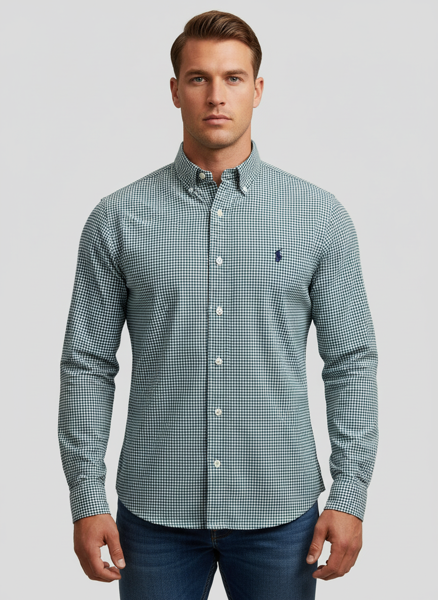 Camisa Gingham Verde con Modelo Atlético Talla L Slim