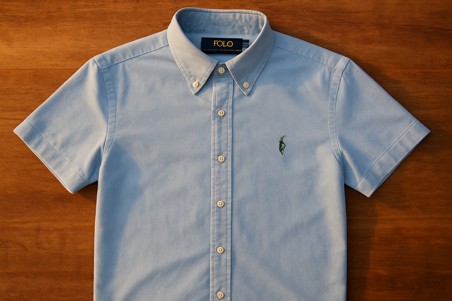 Camisa Polo Ralph Lauren celeste con logo verde sobre mesa con luz cálida