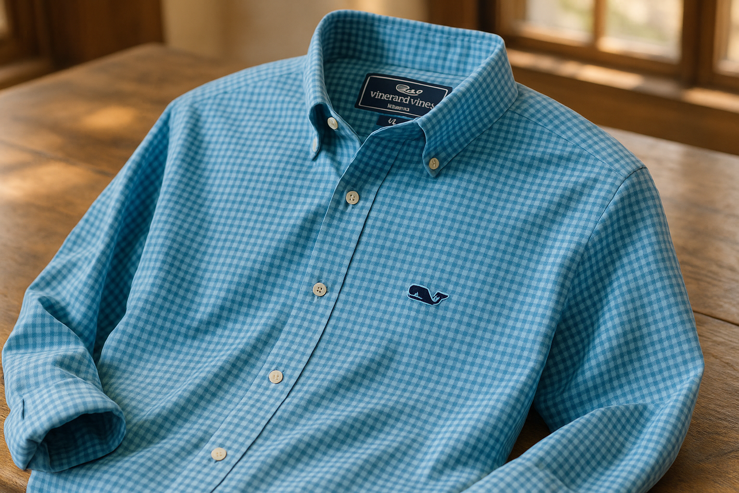 Camisa Vineyard Vines con micro Gingham azul y turquesa sin bolsillo desde ángulo de 45 grados