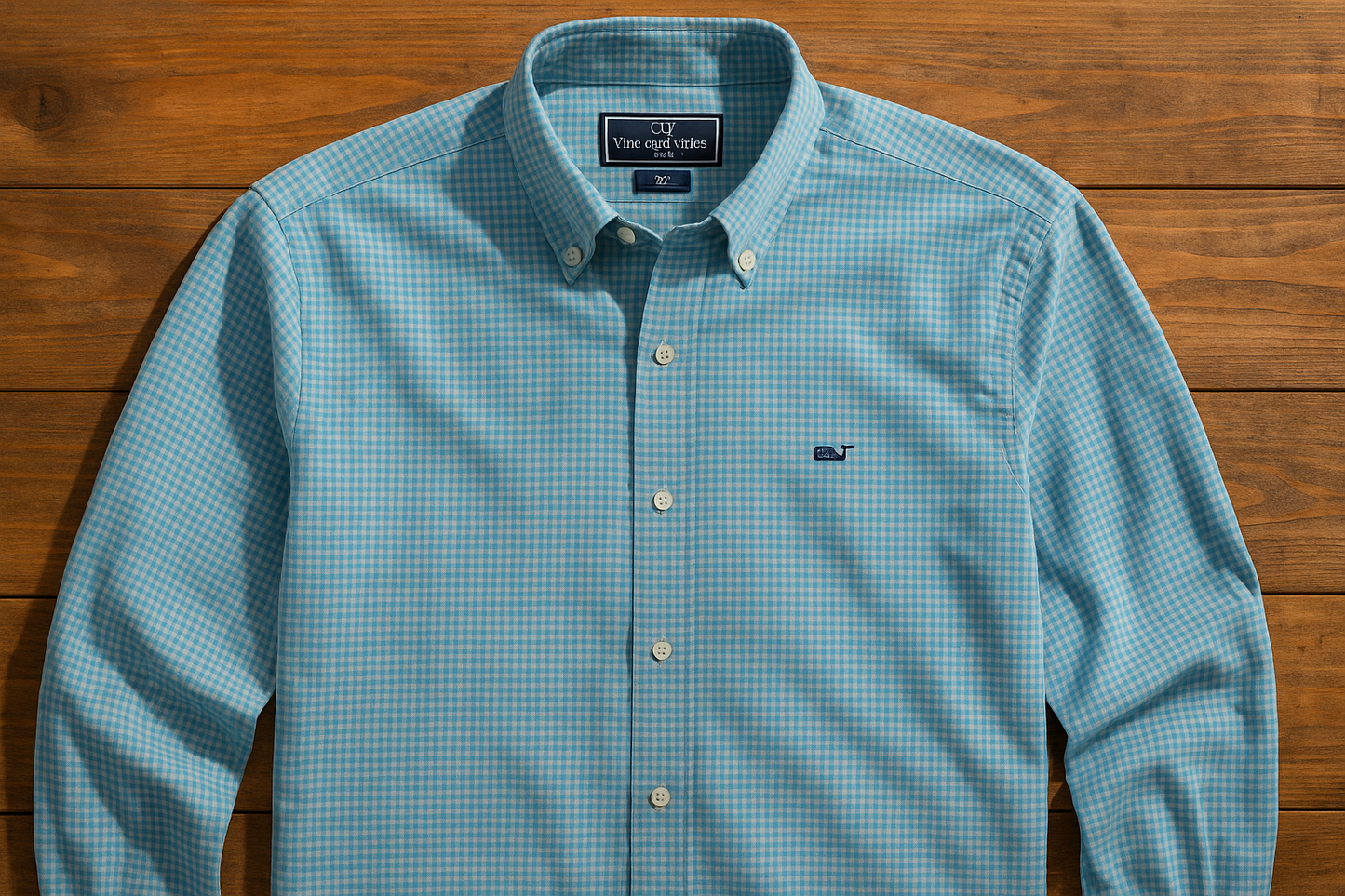 Camisa Vineyard Vines con micro Gingham azul y turquesa sin bolsillo vista desde arriba