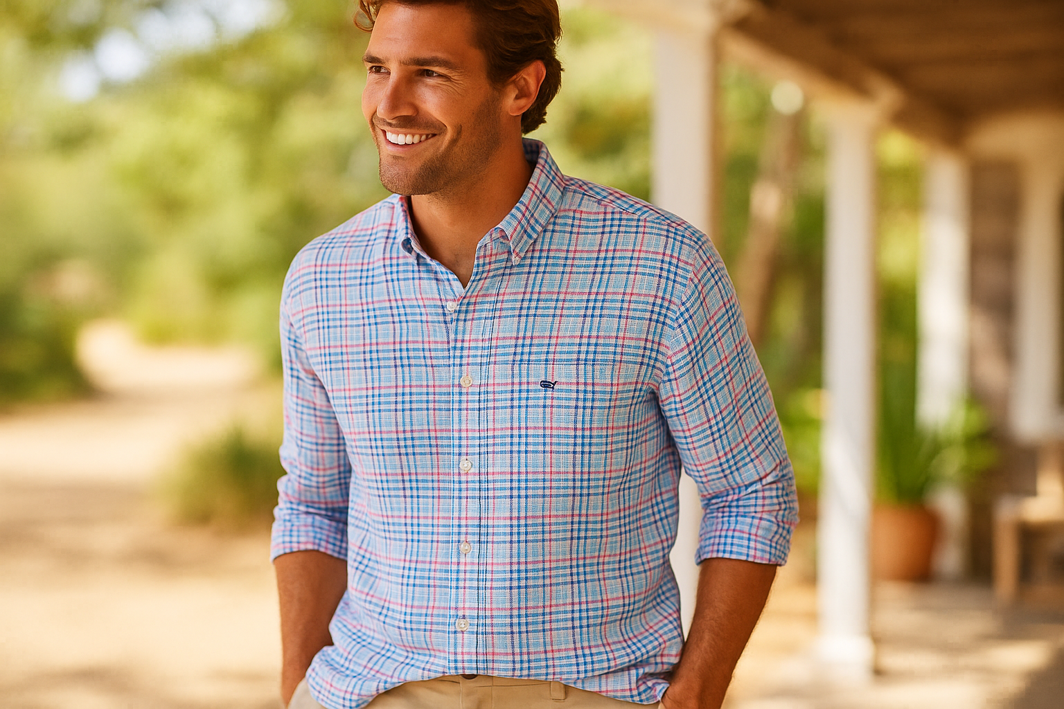 Camisa Vineyard Vines lino - Lifestyle con cuadros más juntos