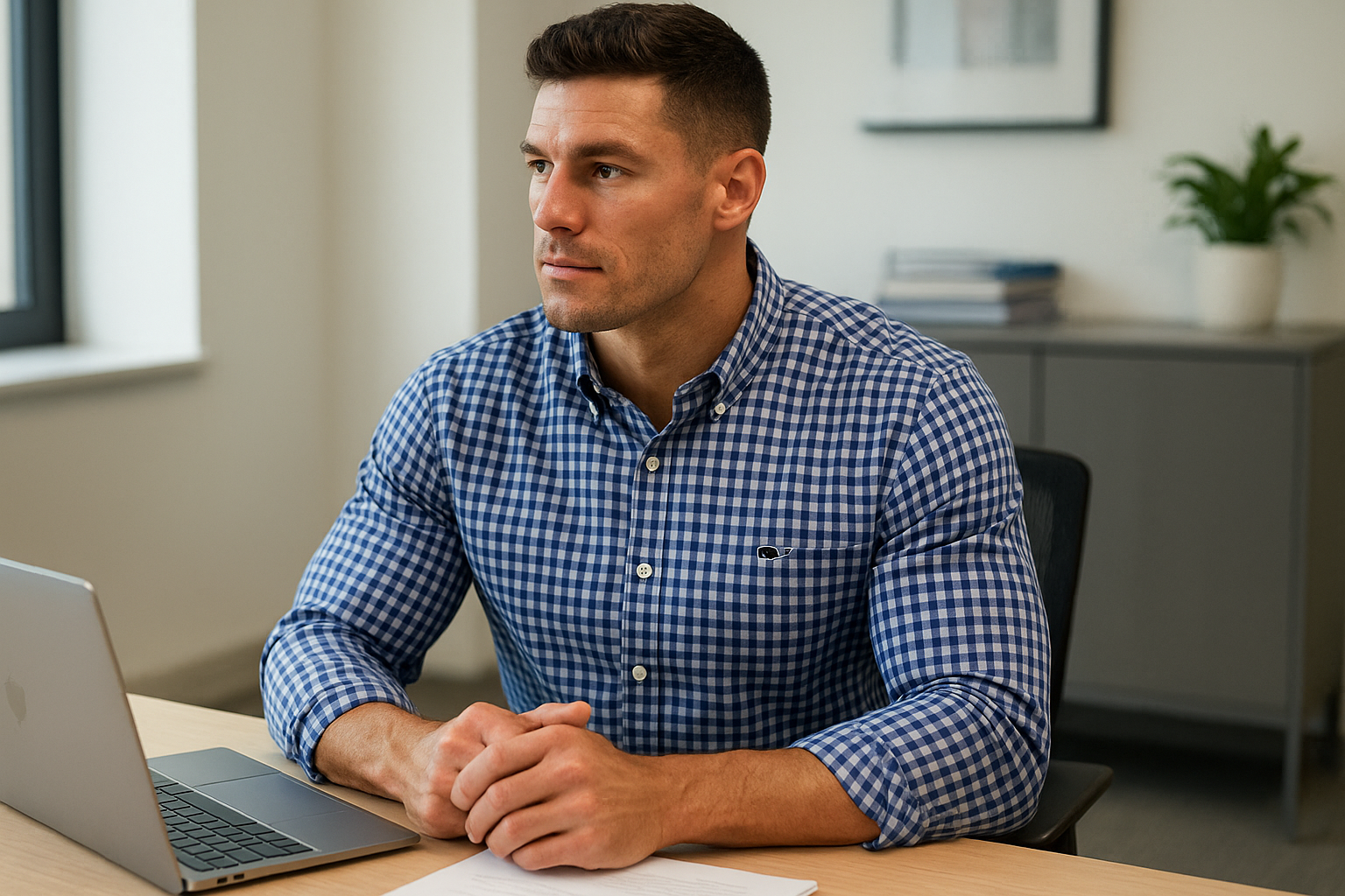 Camisa Vineyard Vines - Modelo atlético en oficina