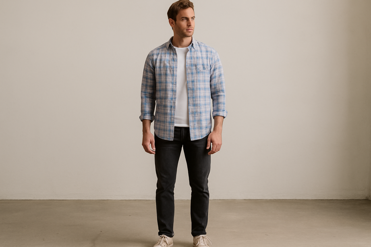 Camisa Vineyard Vines sobre camiseta con jeans negros