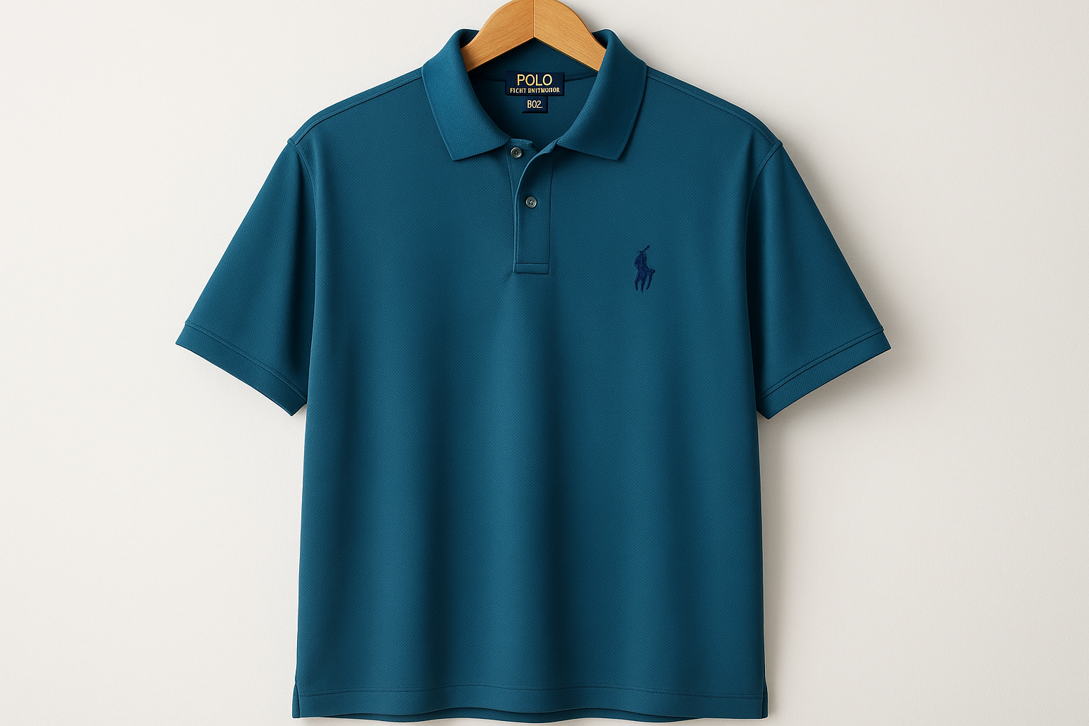 Camiseta polo dry fit celeste oscuro colgada