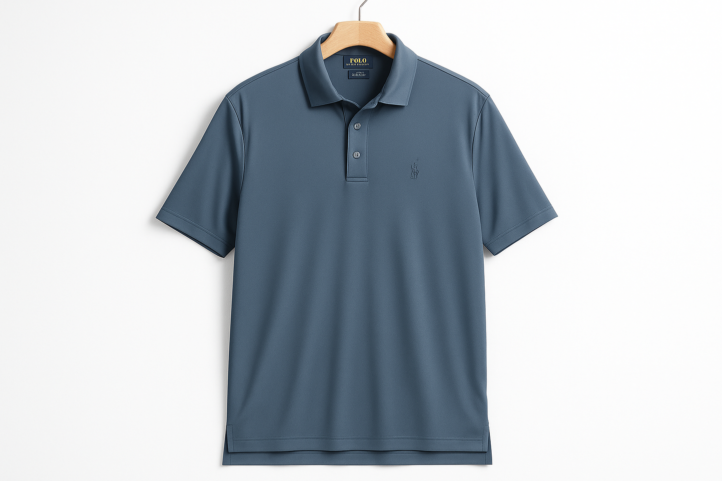 Camiseta polo dry fit color #4f6d8f colgada