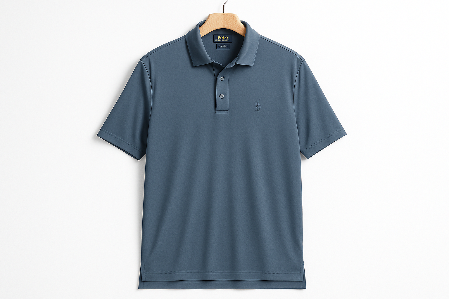 Camiseta polo dry fit color #4f6d8f colgada