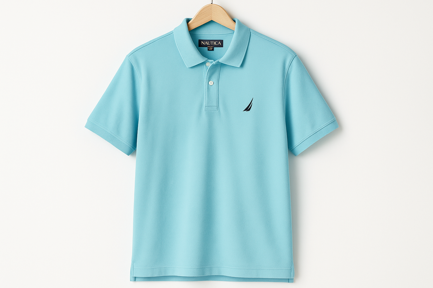Camiseta polo Nautica turquesa claro colgada en percha
