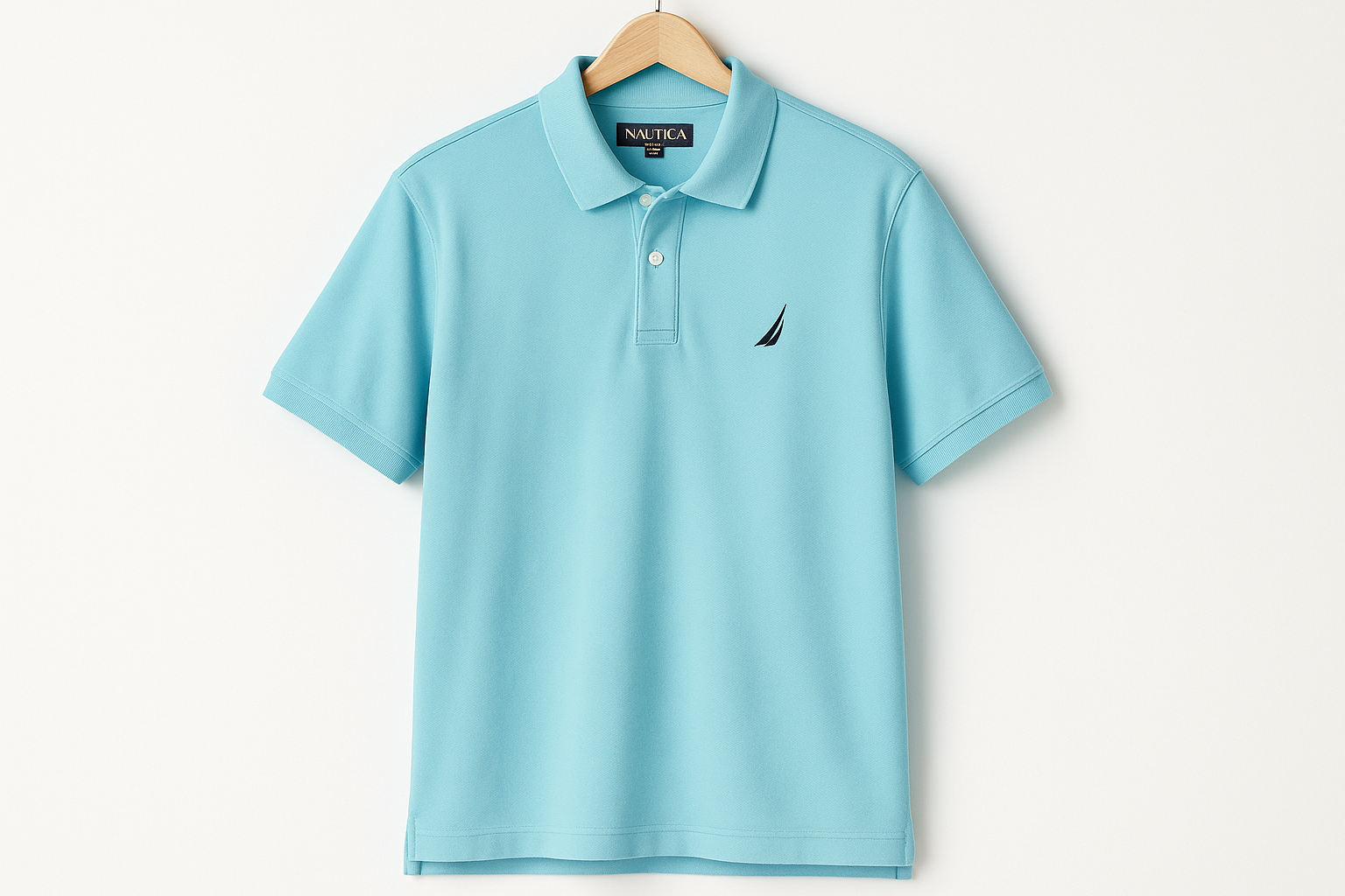 Camiseta polo Nautica turquesa claro colgada en percha