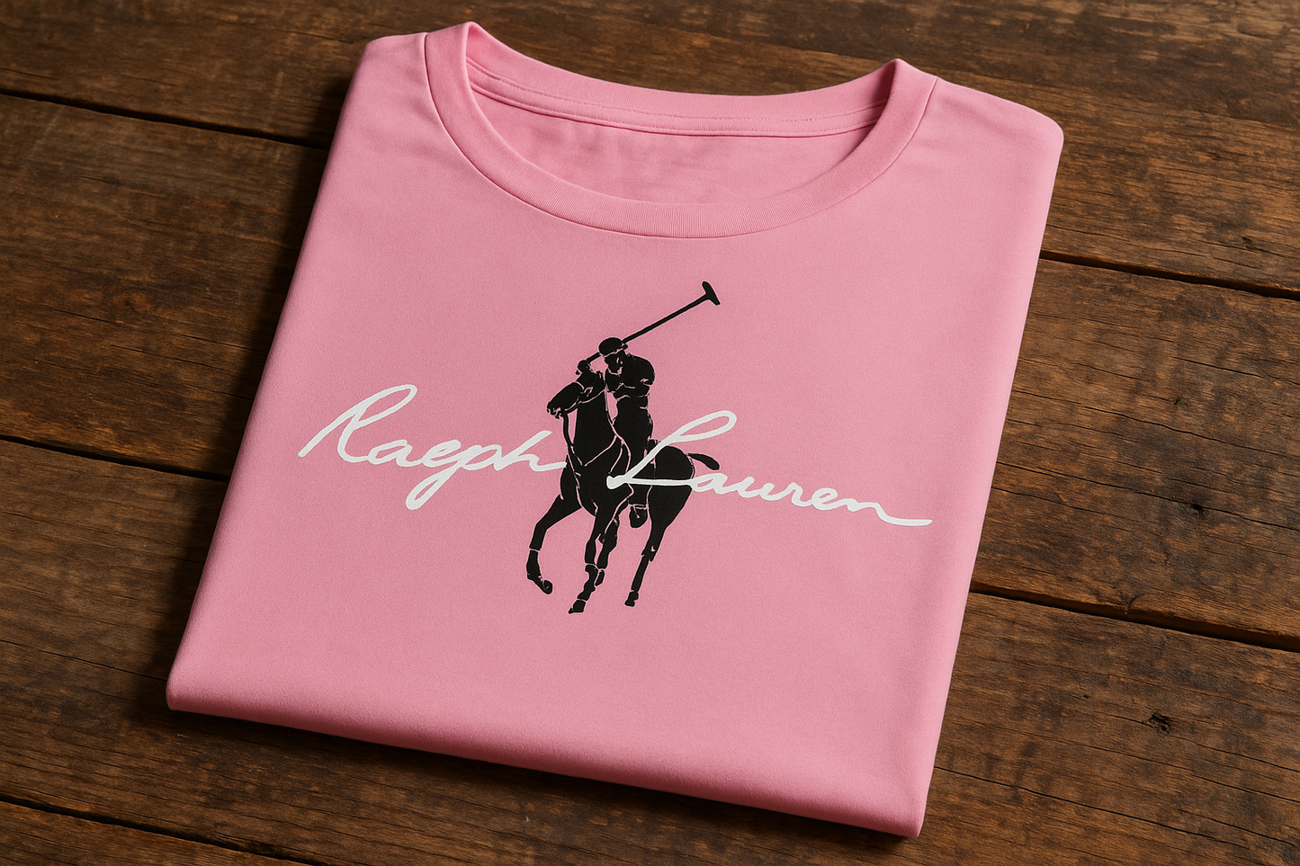 Camiseta rosa Polo Ralph Lauren - Doblada en superficie de madera