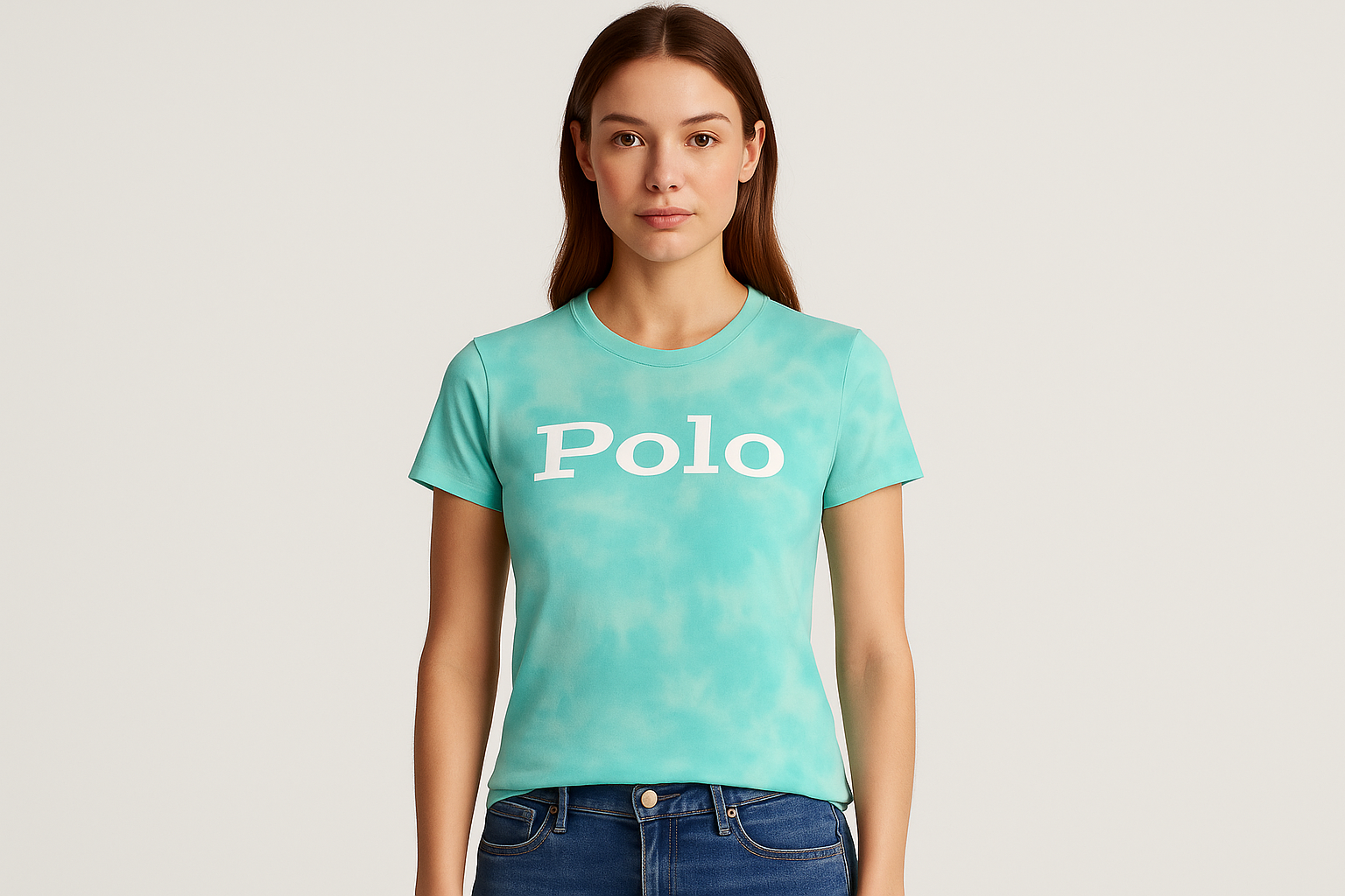 Camiseta tie-dye verde agua Polo mujer con modelo femenino