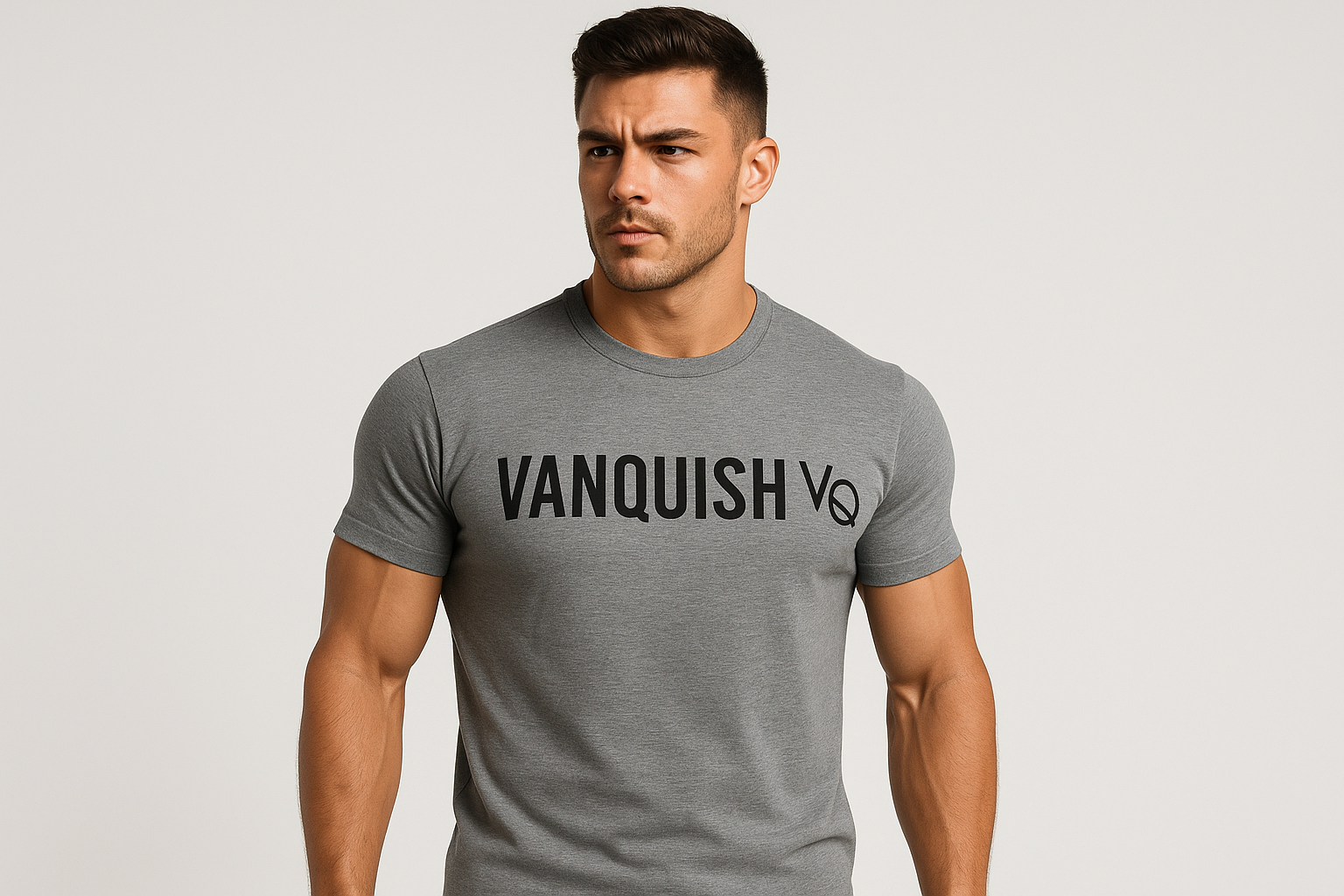 Camiseta VANQUISH VQ gris con modelo atlético