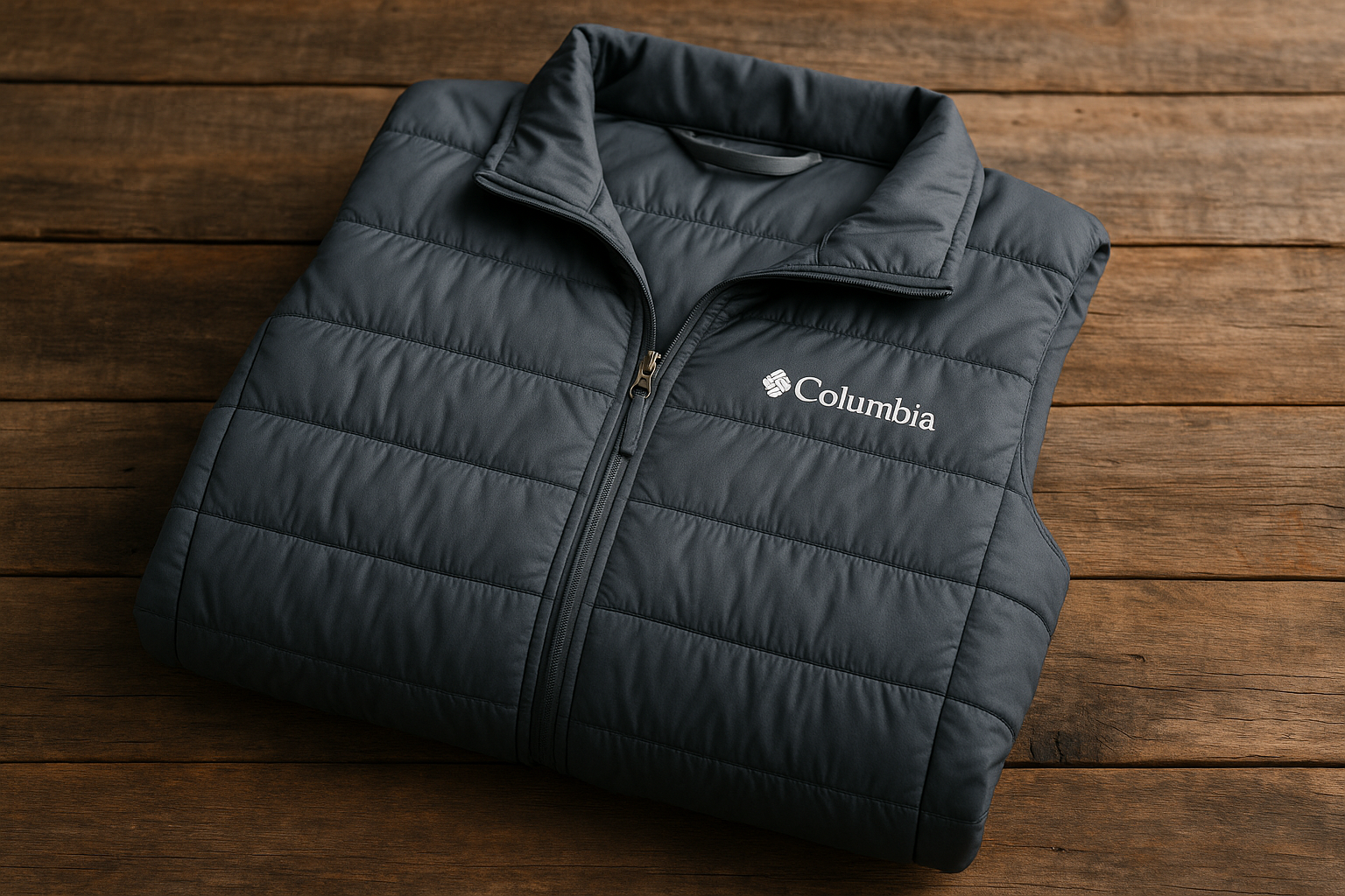 Chaleco Columbia gris - Doblado en superficie de madera