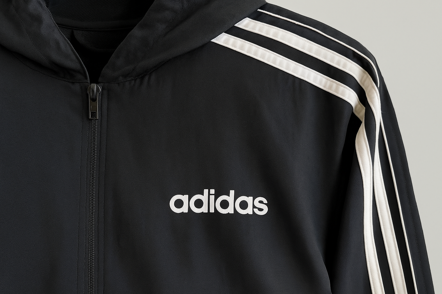 Chaqueta Adidas negra - Detalle de la capucha y logo