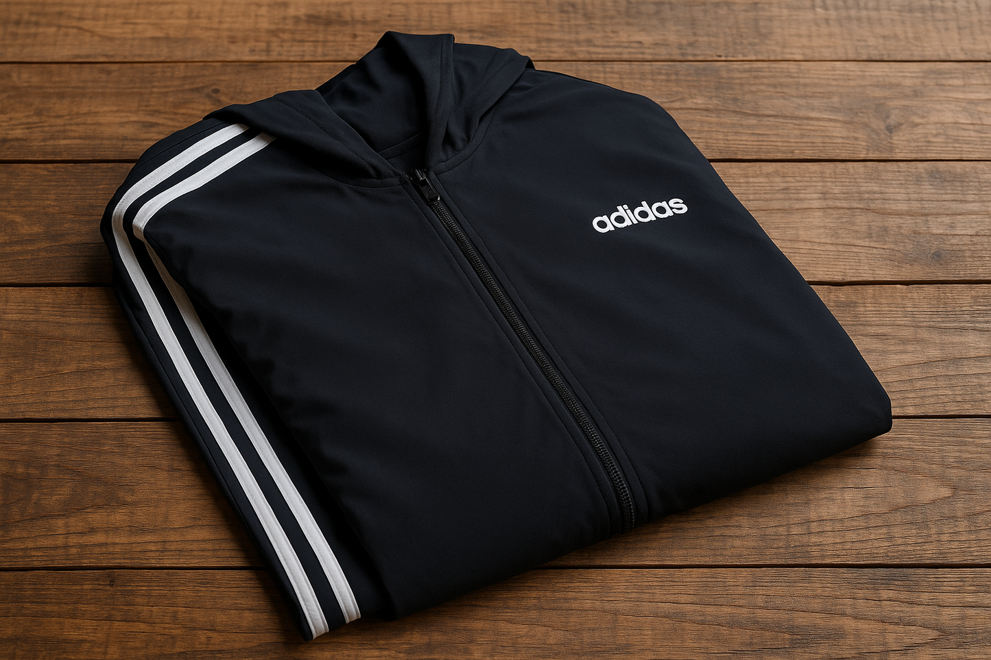 Chaqueta Adidas negra - Doblada en superficie de madera