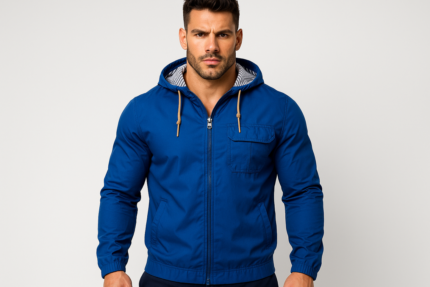 Chaqueta azul windbreaker con modelo atlético