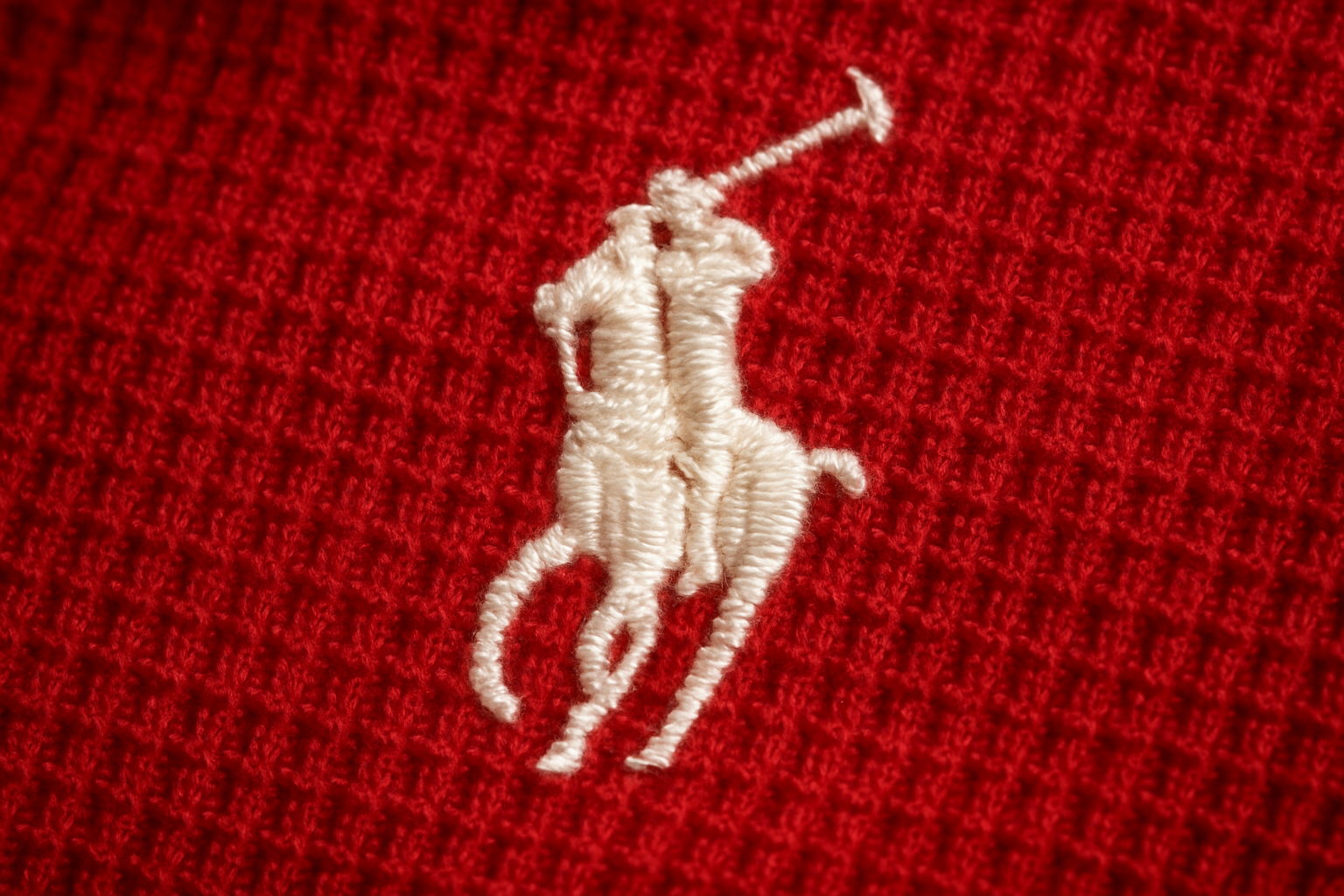 Detalle logo blanco sobre waffle rojo