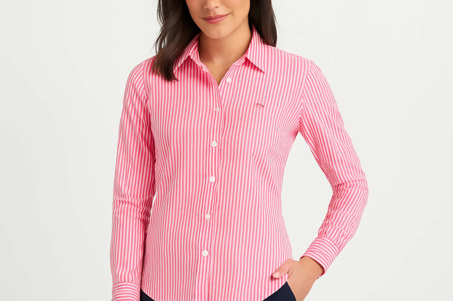 Female model wearing striped shirt