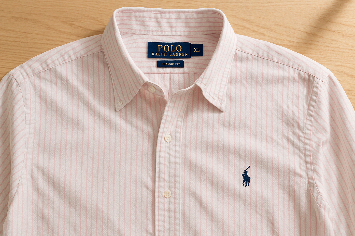 Fotografía de camisa Polo Ralph Lauren blanca con rayas verticales rosado claro, cuello de vestir sin botones y logo azul navy