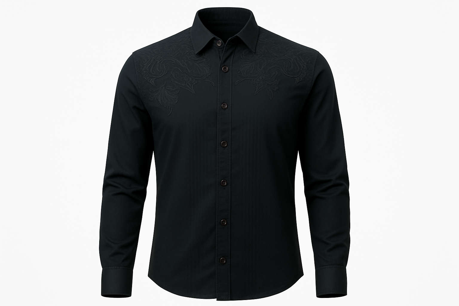 Ghost mannequin style black shirt with detailed embroidery