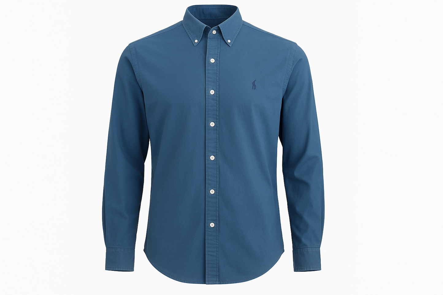 Ghost mannequin style blue shirt with button-down collar and polo logo