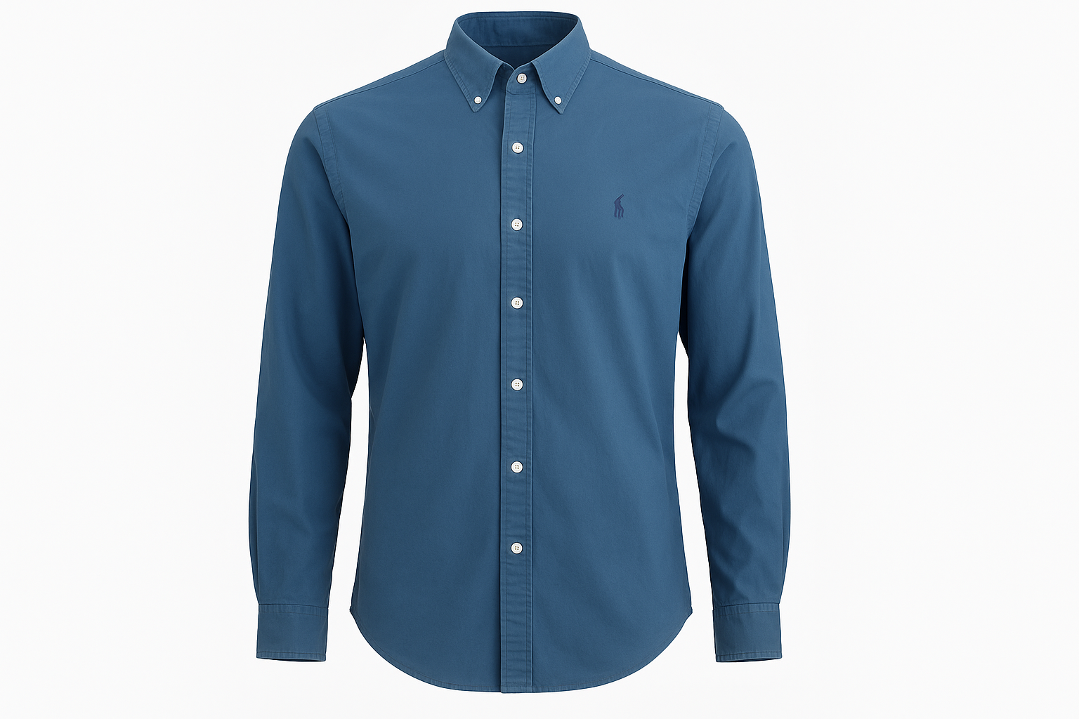 Ghost mannequin style blue shirt with button-down collar and polo logo