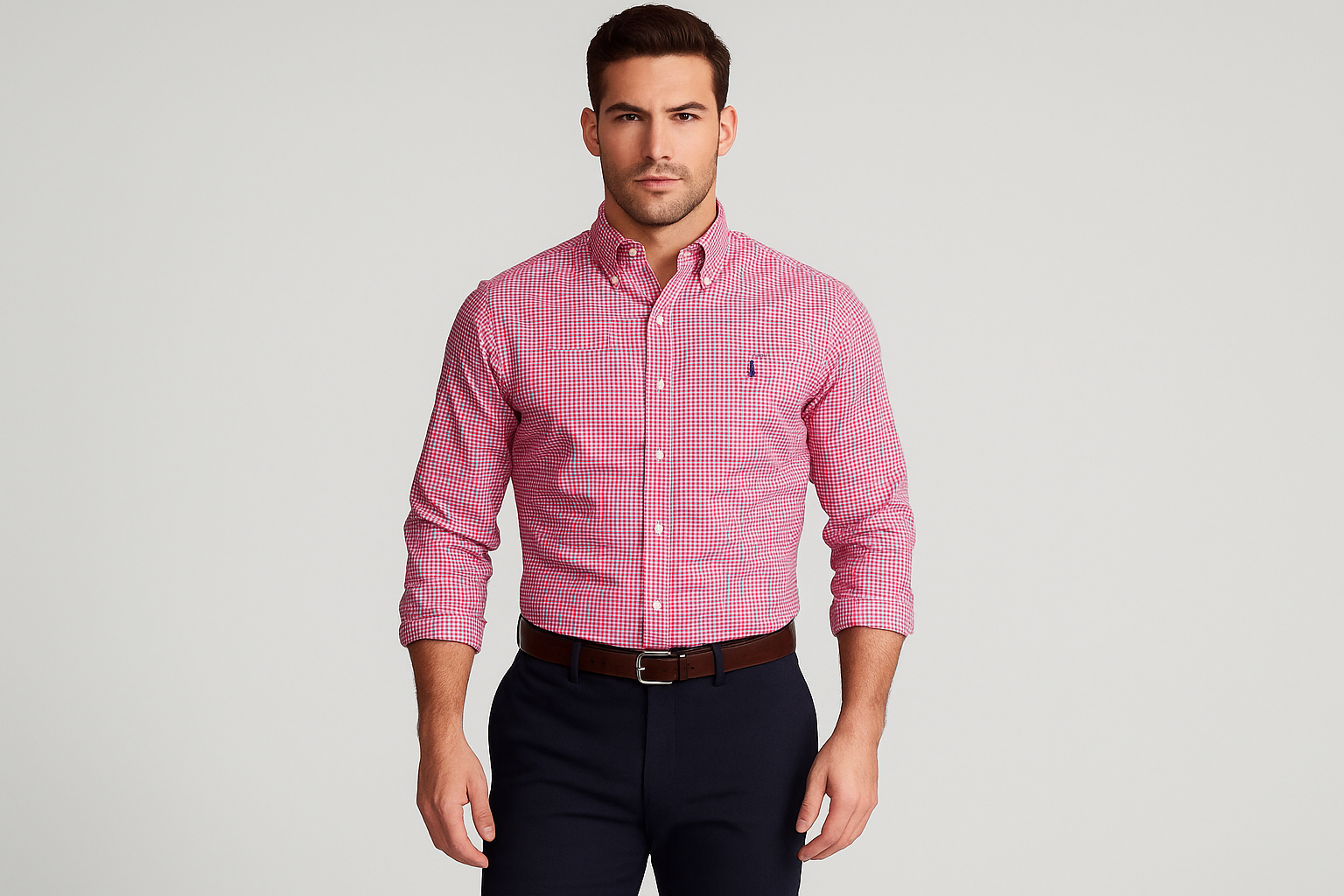 Hombre atlético modelando camisa Polo Ralph Lauren a cuadros rosados talla M