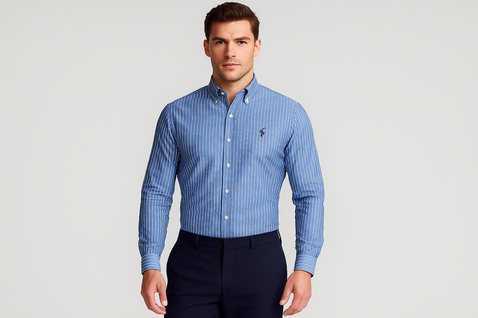 Hombre atlético modelando camisa Polo Ralph Lauren a rayas azules talla M