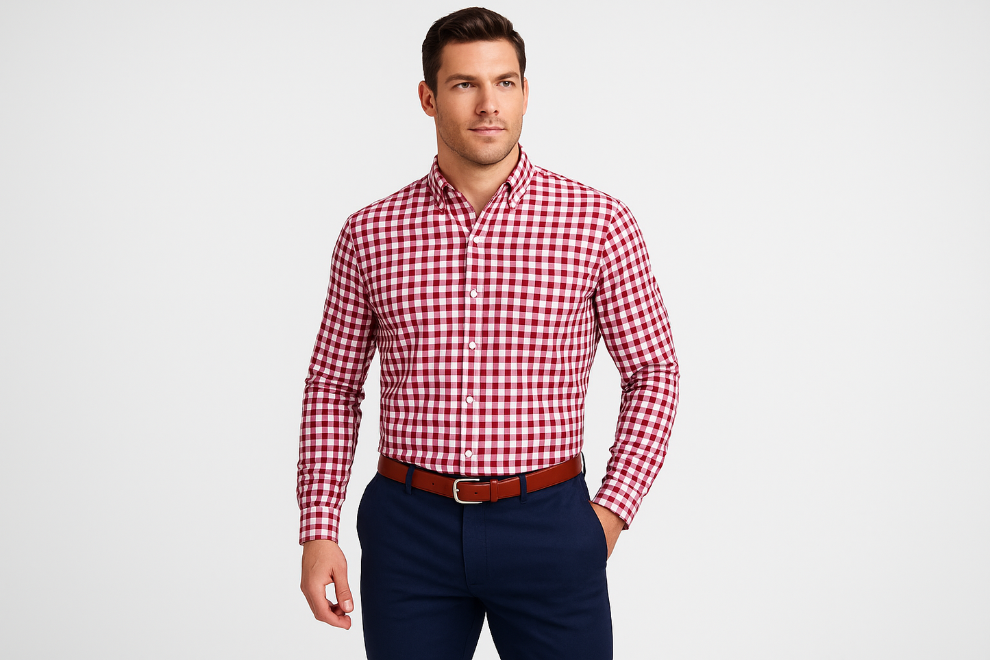 Hombre atlético modelando camisa Vineyard Vines a cuadros talla L Slim Fit