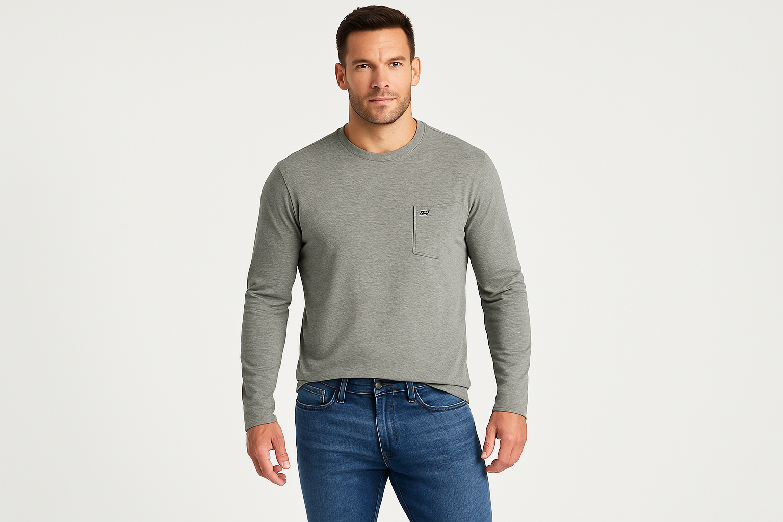 Hombre atlético modelando camiseta Vineyard Vines gris talla M