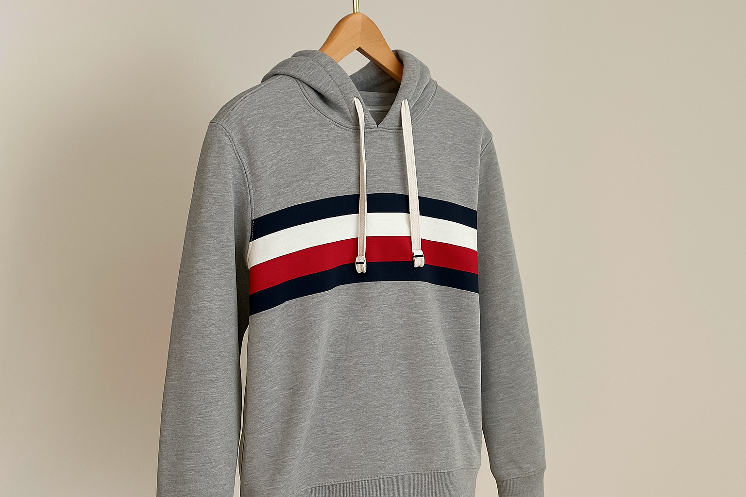 Hoodie gris con franjas tricolor - Colgada en percha