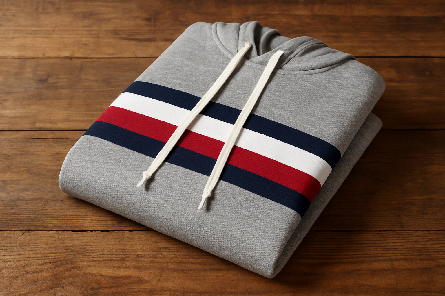 Hoodie gris con franjas tricolor - Doblada en superficie de madera