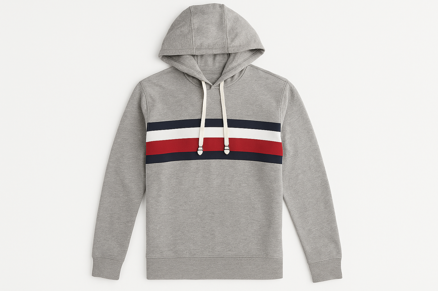 Hoodie gris con franjas tricolor - Vista frontal plana