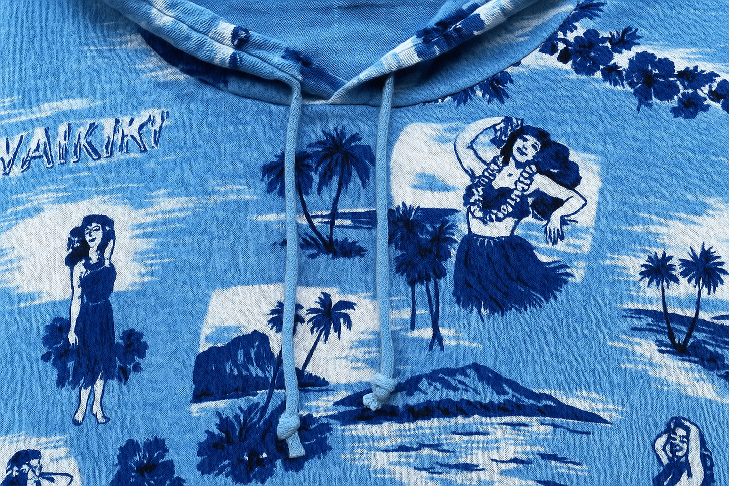 Hoodie hawaiana azul - Detalle de la capucha y estampado