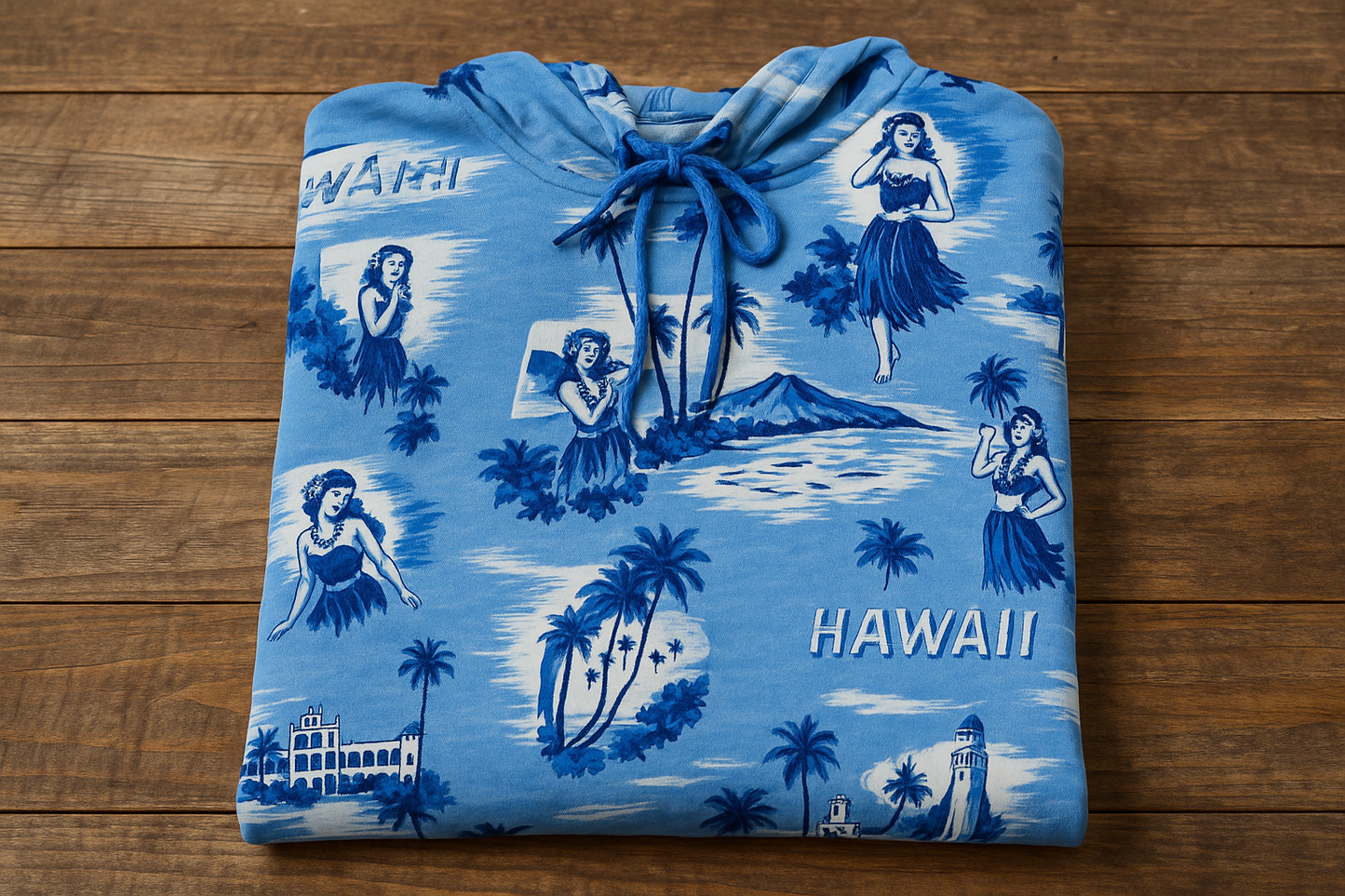 Hoodie hawaiana azul - Doblada en superficie de madera