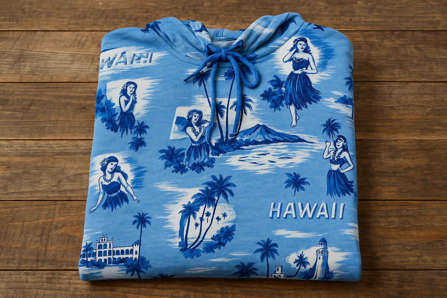 Hoodie hawaiana azul - Doblada en superficie de madera