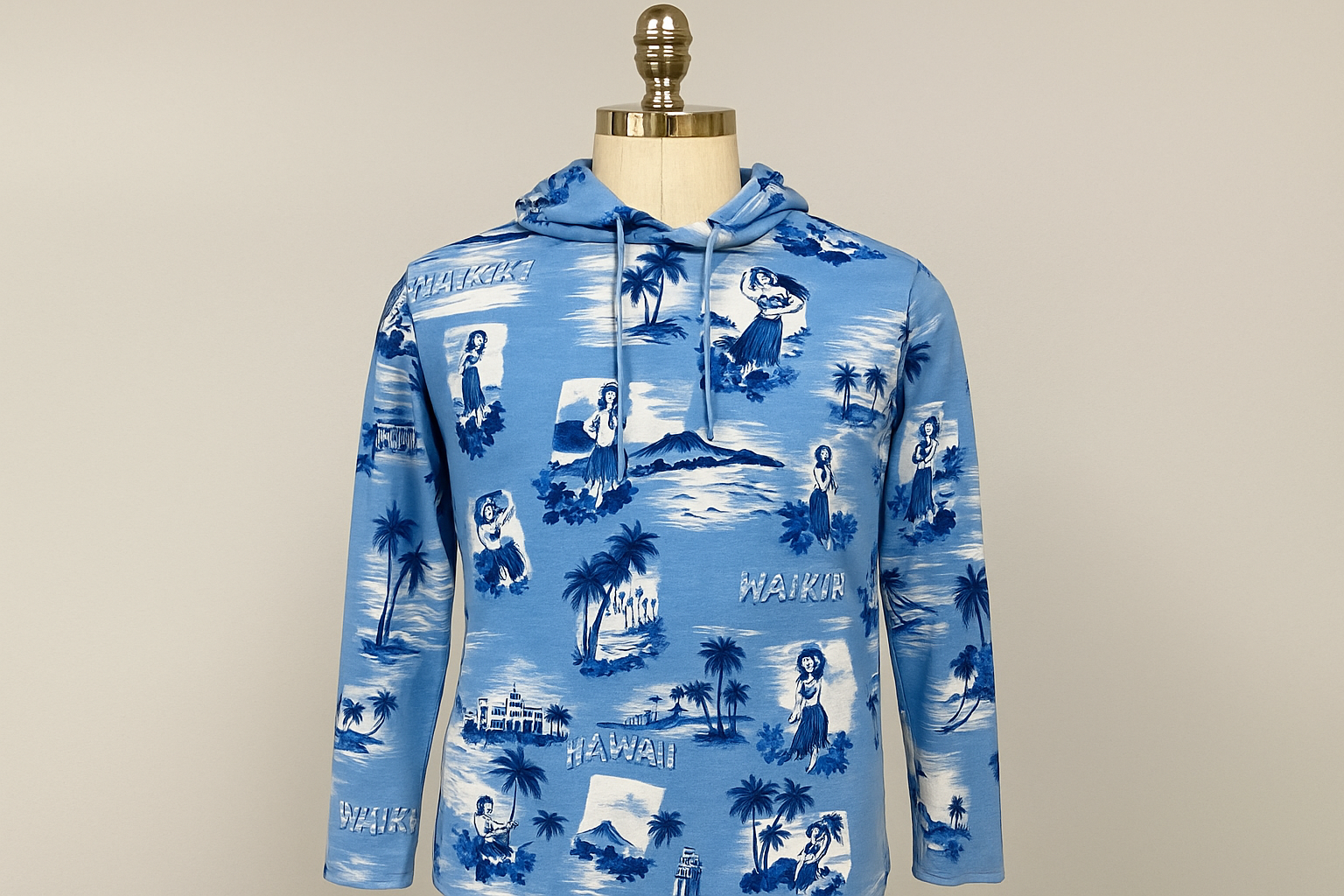 Hoodie hawaiana azul - En maniquí mostrando el ajuste