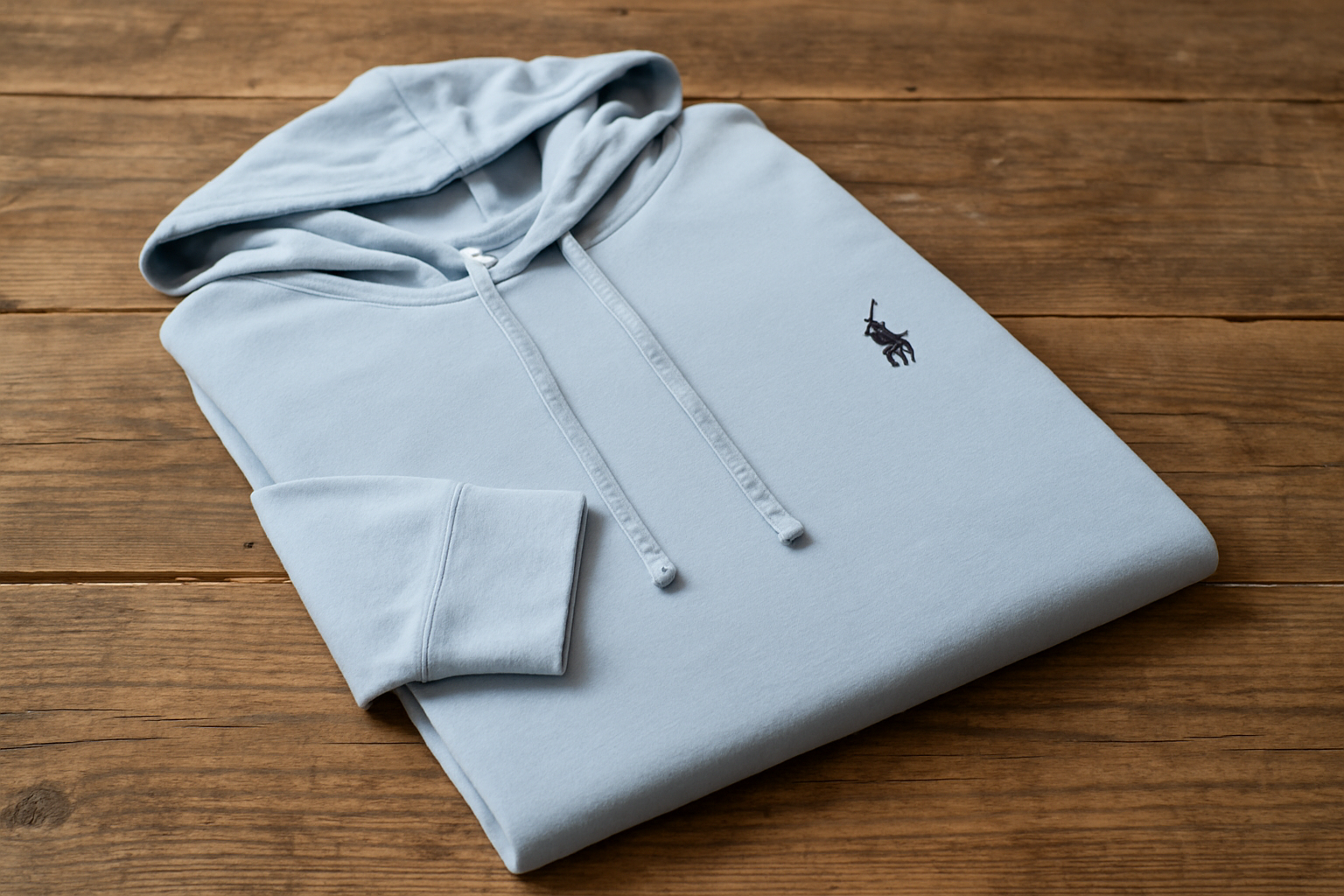 Hoodie Polo Ralph Lauren azul claro - Doblada en superficie de madera