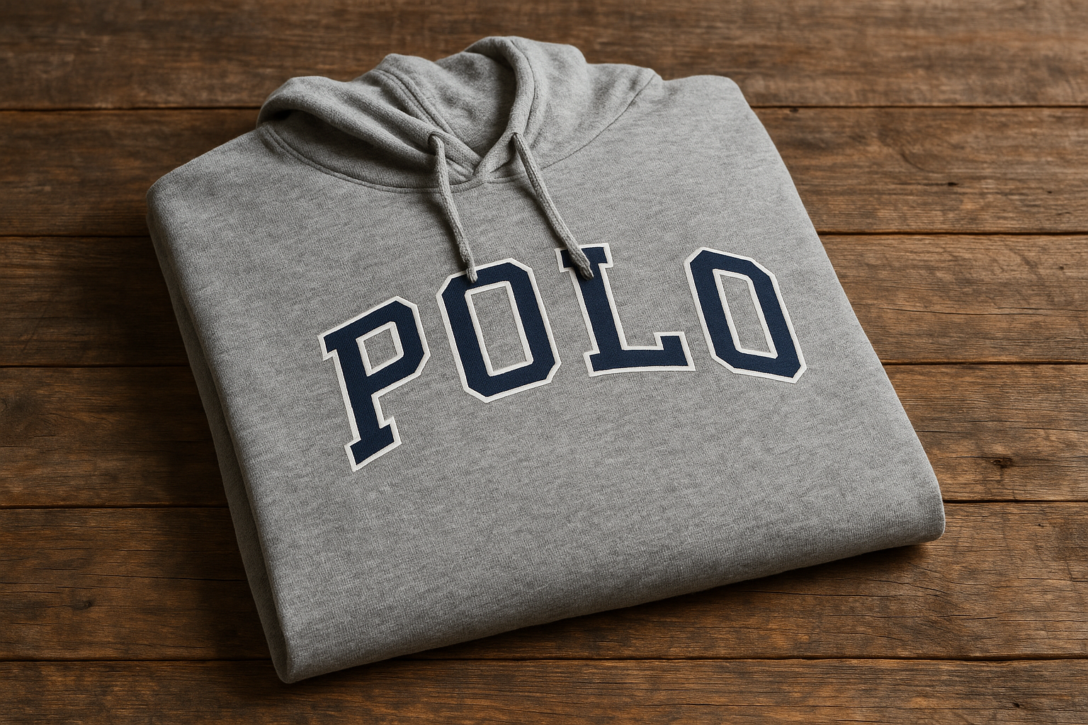 Hoodie Polo Ralph Lauren gris - Doblada en superficie de madera