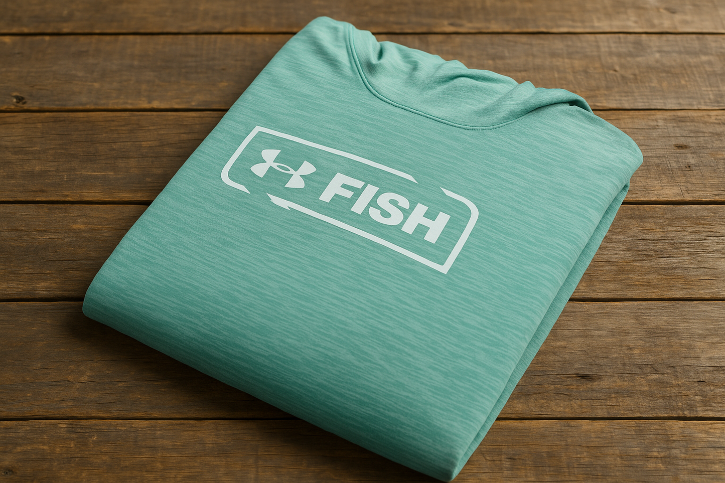 Hoodie Under Armour Fish verde menta - Doblada en superficie de madera