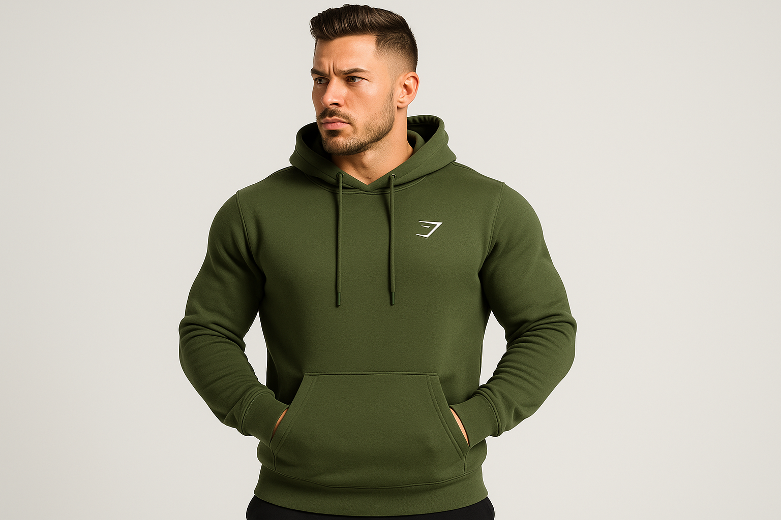 Hoodie verde oliva con modelo atlético