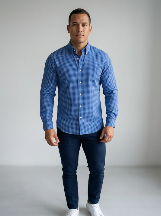 Camisa de botones Brooks Brothers 🐑 color azul con cuadros en blanco Talla M Entalle Clásico