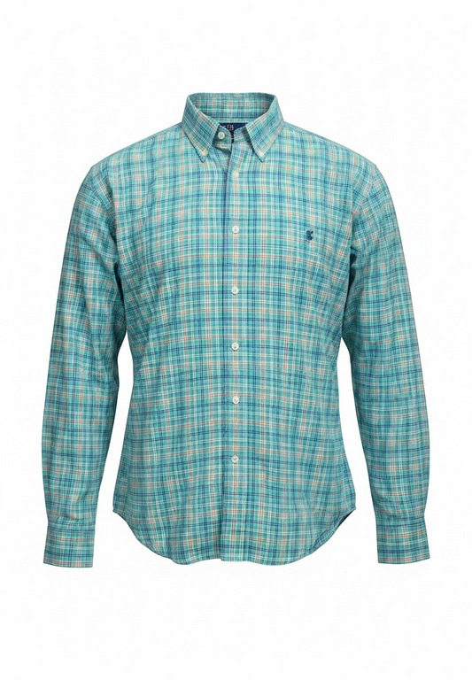 Camisa Polo Ralph Lauren 🏇🏼 color verde con cuadros naranja y azul Talla XL Entalle Regular