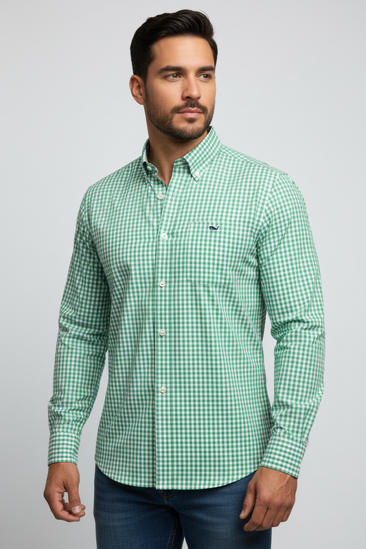 Camisa Vineyard Vines 🐳 de cuadros gingham verde y blanco Talla S Entalle Regular