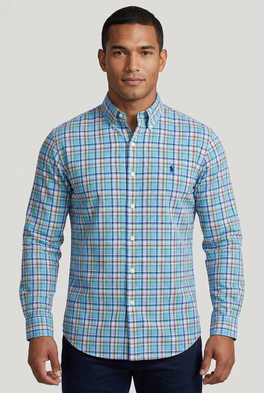 Camisa Polo Ralph Lauren 🏇🏼 color Celeste de cuadros en rosado y verde Talla L Entalle Regular
