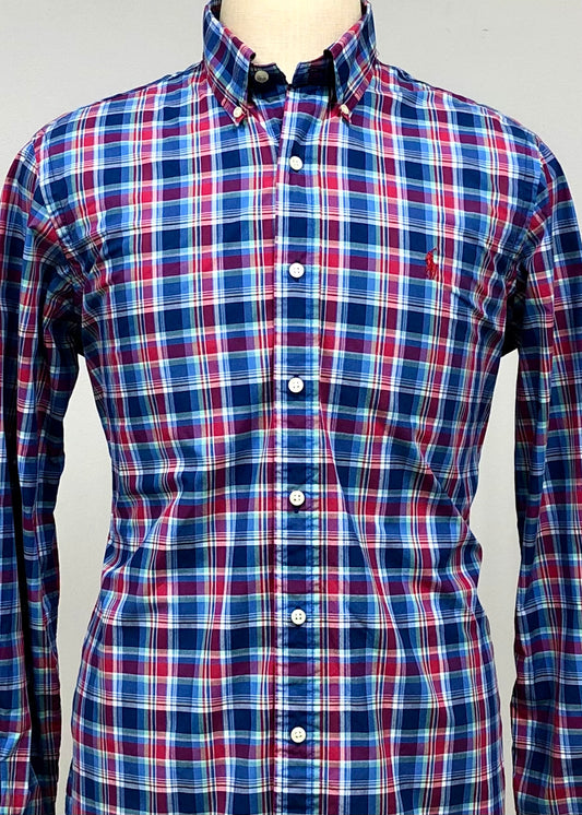 Camisa Polo Ralph Lauren 🏇🏼 con patrón de cuadros tartán azul, celeste y rojo Talla L Entalle Regular